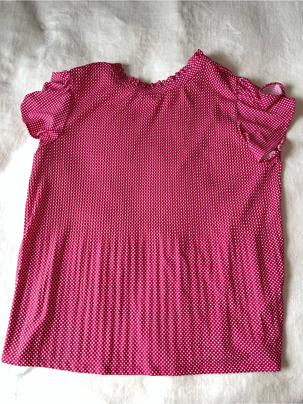 Adrianna Papell Polka Dot Pink Short Flutter Sleeve Blouse Pink Ruffle Neck MED